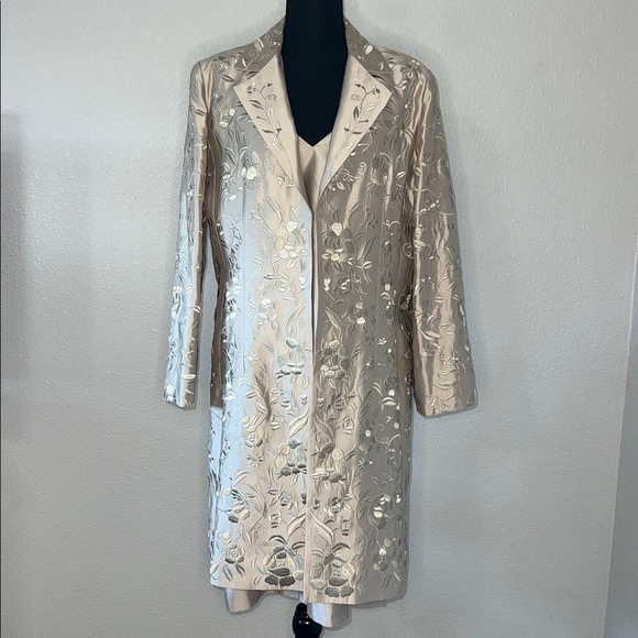 Gilad Set Embroidered Silk Button Front Jacket W/ Matching VNeck Dress Champagne - Picture 3 of 13